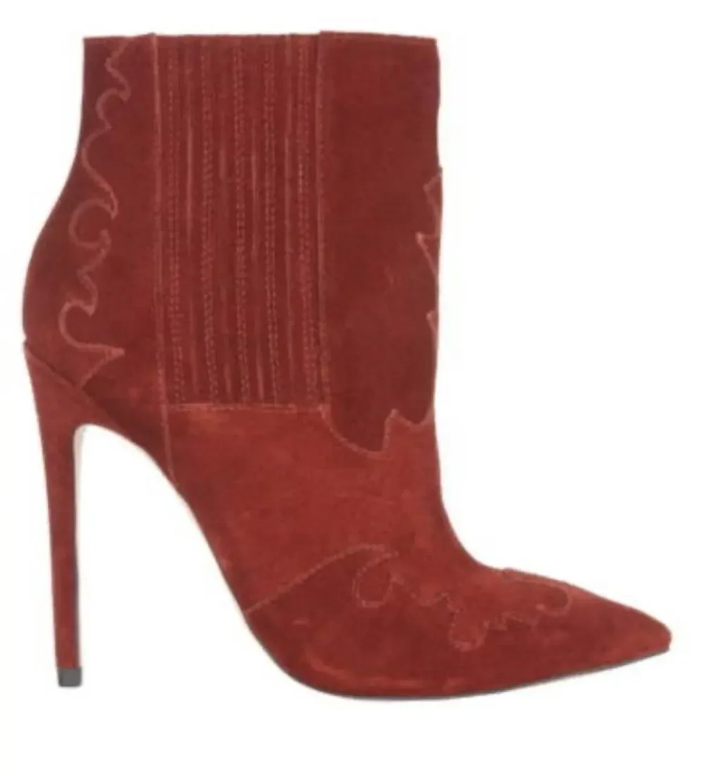 Burgundy suede pointed toe stiletto ankle boots with cowgirl design ASOS size 6